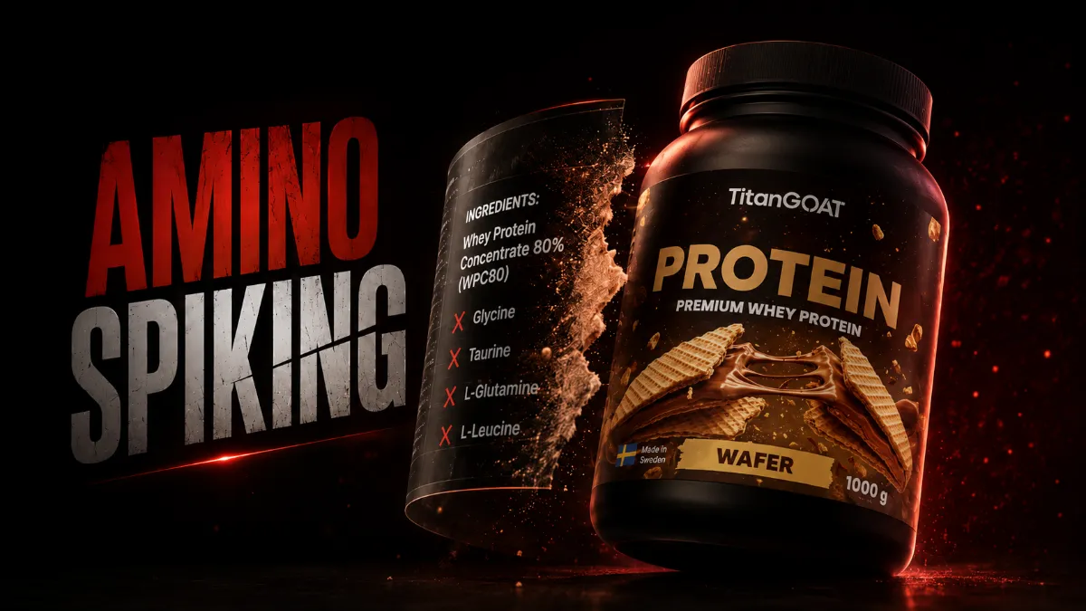 Obrázok proteínového prášku so zložením a etikou, ilustrujúci problém amino spikingu.